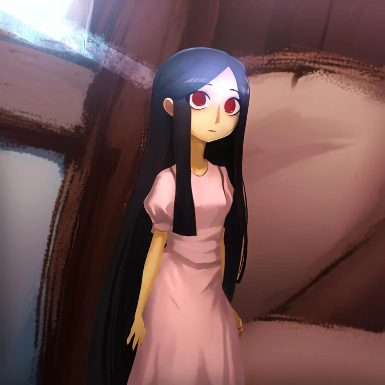 ((masterpiece)),(best quality), absurdres,sadako_yamamura,red eyes, white dress,<lora:Sadakobest:0.8>, pastel, rim lighting, <lora:brokenAgeStyle_v1:1>,