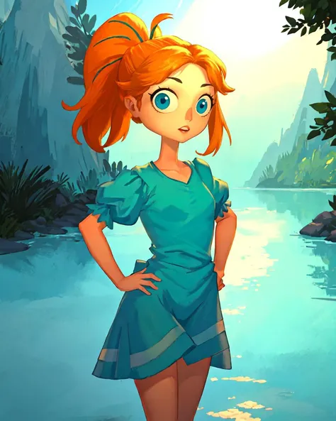 (masterpiece, best quality:1.2), 1girl, solo, (wendy darling:1.1), from disneys peter pan, blue and white, orange hair, blue nightgown, ponytail, puffy sleeves, blue eyes, looking at viewer, hands on hips, outdoors, sunlight