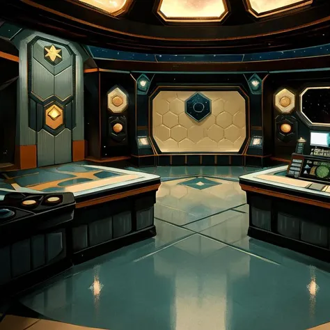 (masterpiece, best quality:1.1), the main control room of a space ship, large window, space, star dust, monitor, captains chair, door, smooth floor, hexagon wall tiles