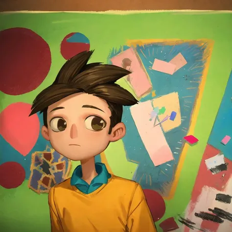 broken age, (masterpiece, best quality:1.1), 1boy, solo, blue shirt, brown hair, brown eyes, (upper body:1.1), oil pastel, hand drawn