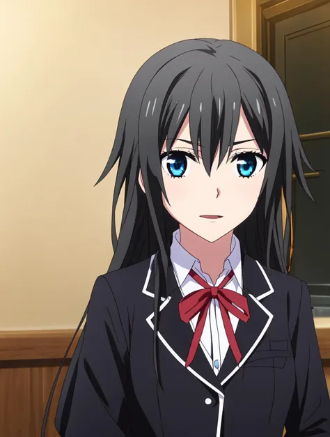 anime girl with long black hair and blue eyes in a school uniform