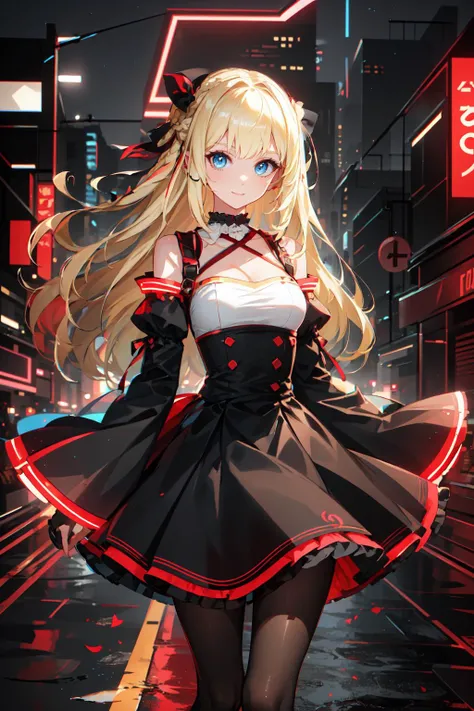 <lora:redneon-style-richy-v1:1> redneonstyle, glowing, red theme, neon trim,, ultra detailed, masterpiece, best quality, aesthetic, detailed,, solo, soft smile, light smile,
1girl, blue eyes, very long hair, blonde hair, long blonde hair, french braid, ban...