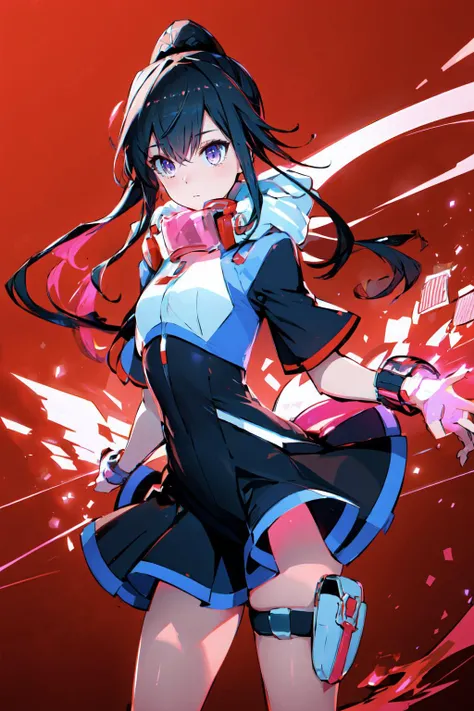 <lora:redneon-style-richy-v1:1> redneonstyle, glowing, red theme, neon trim,   <lora:Shiki:0.8> shiki, purple eyes, long hair, black hair, multicolored hair, pink hair, ponytail, side ponytail, hair between eyes, sidelocks, dress, short dress, black dress,...