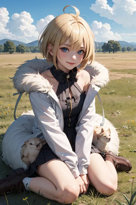 masterpiece, best quality, 1girl, sitting, ahoge, blonde hair, blue eyes, fur collar, fur trim, grass, short hair, smile, solo, trembling, full body, sky,