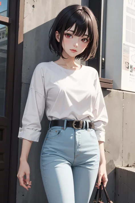 absurdres, best quality, 1girl, solo, <lora:kaoruko-000010:0.7>, nanahara kaoruko, red eyes, wbCasual,white shirt,black pants,belt