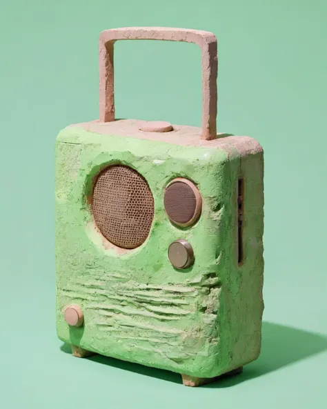 a radio made of Sandstone:1.3,   on a lime-green background:1.4, Carol Bove, aesthetic, a surrealist sculpture, aestheticism<lora:Chroma_Essence:1.0>