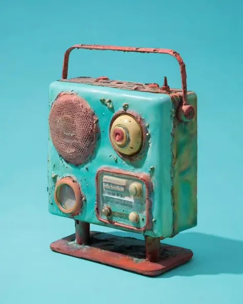 a radio made of Sealants:1.3,   on a aqua background:1.4, Carol Bove, aesthetic, a surrealist sculpture, aestheticism<lora:Chroma_Essence:1.0>