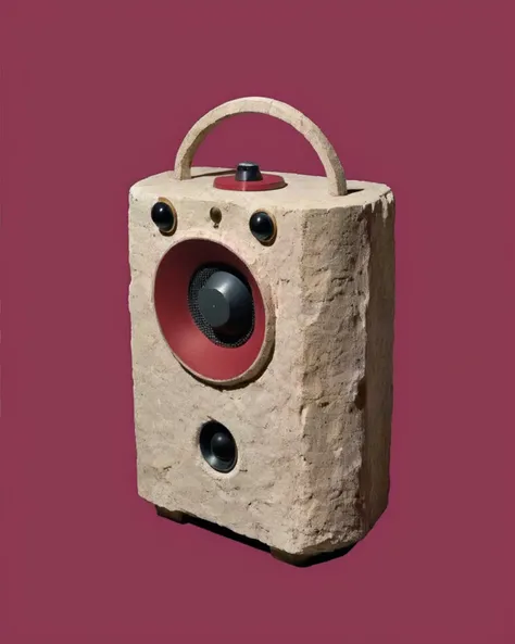 a radio made of Limestone:1.3,   on a maroon background:1.4, Carol Bove, aesthetic, a surrealist sculpture, aestheticism<lora:Chroma_Essence:1.0>