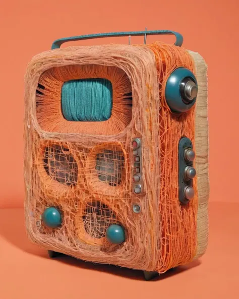 a radio made of Fibers:1.3,   on a persimmon background:1.4, Carol Bove, aesthetic, a surrealist sculpture, aestheticism<lora:Chroma_Essence:1.0>