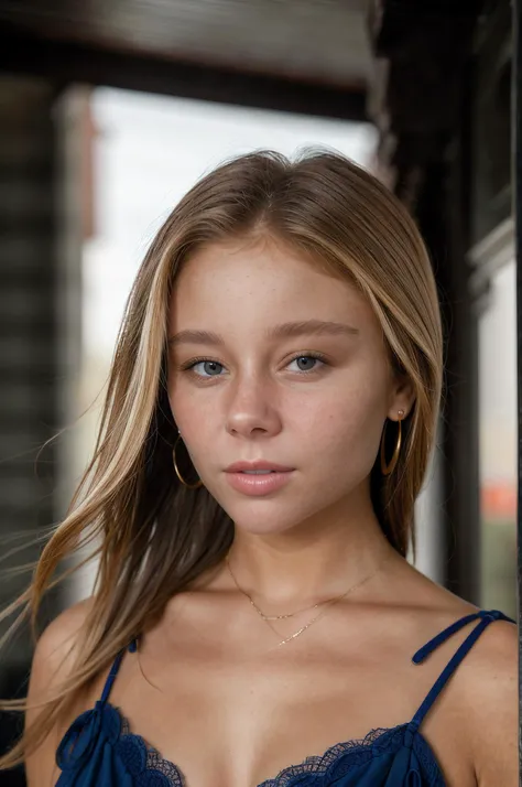 a close up of a woman in a blue dress posing for a picture