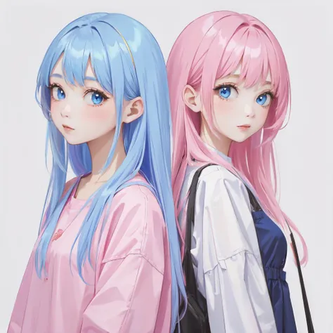 masterpiece, 2girls, pink and blue hair, max detail background