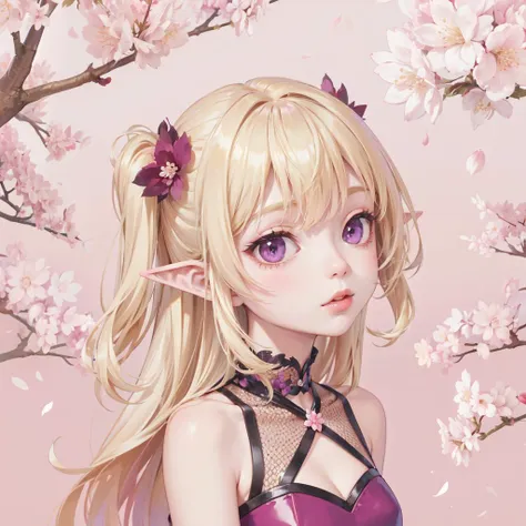 masterpiece, msks style, sle, 1girl, blonde, purple eyes, pointy ears, bare shoulders, max detail background, cherry blossom sce...