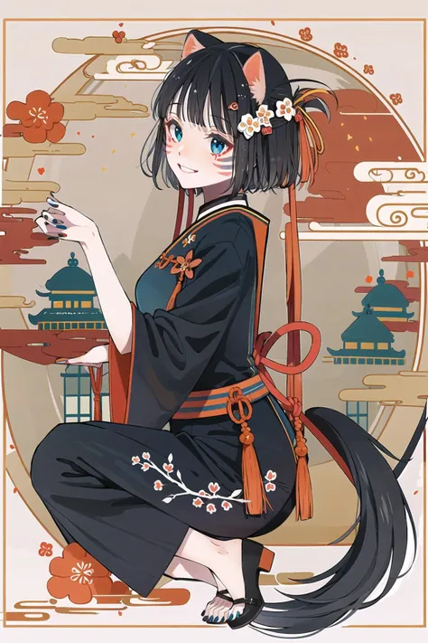 KoiKoi, 1girl, animal ears, solo, tail, flower, black hair, blue eyes, looking at viewer, shimenawa, smile, hair ornament, bangs, paw pose, rope, blue nails, facial mark, year of the dog, tassel, chinese zodiac, full body, from side, kouhaku nawa, dog ears...