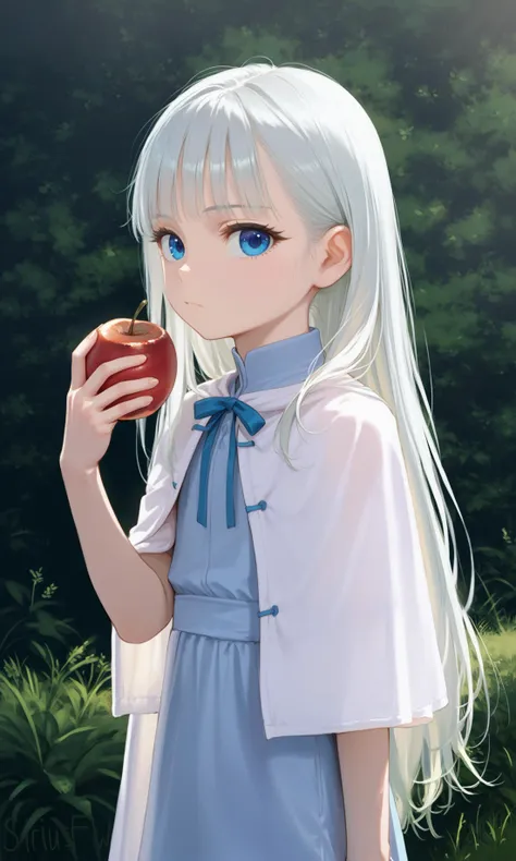 anime girl with long white hair holding an apple in her hand