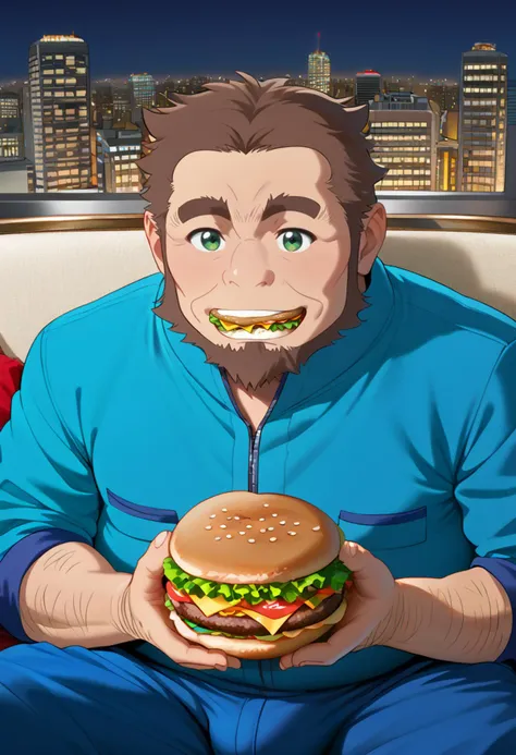 araffe eating a hamburger on a couch in a city