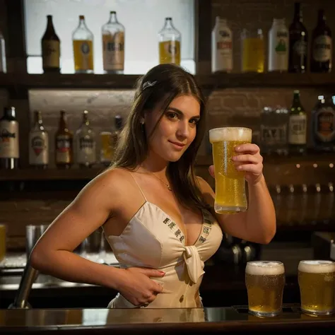 ((a bartender woman serving a glass of light beer, wearing form fitting formal attire at an event)),<lora:holdingbeer:0.75>,