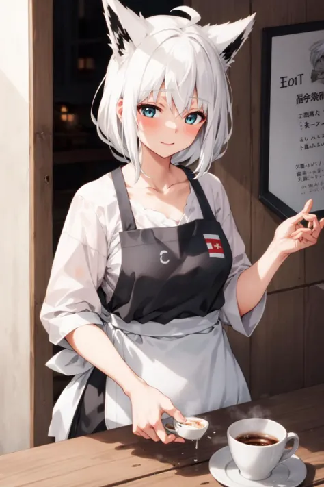 anime girl with white hair and black apron holding a cup of coffee