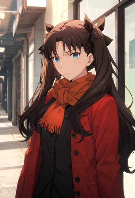 best quality, masterpiece, highres, solo, {tohsaka_rin_fatestaynightufotable:0.90}, 1girl, orange_scarf, red_coat, upper_body, looking_at_viewer, black_ribbon