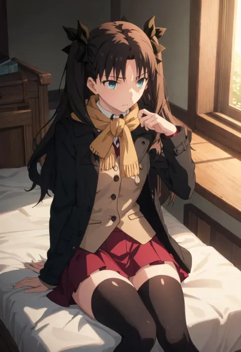 best quality, masterpiece, highres, solo, {tohsaka_rin_fatestaynightufotable:0.90}, 1girl, black_thighhighs, skirt, zettai_ryouiki, coat, orange_scarf, sitting