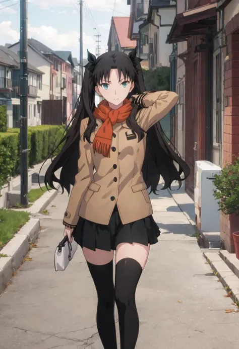 best quality, masterpiece, highres, solo, {tohsaka_rin_fatestaynightufotable:0.90}, 1girl, black_skirt, black_thighhighs, orange_scarf, pleated_skirt, red_coat, zettai_ryouiki, twintails, long_sleeves