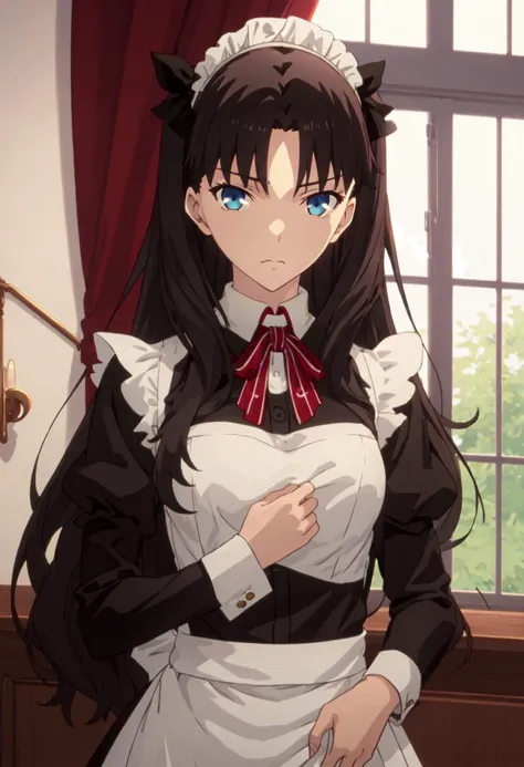 best quality, masterpiece, highres, solo, (tohsaka_rin_fatestaynightufotable:1.10), (maid:1.40), (long maid dress:1.15), anime_style, 30 <lora:tohsaka_rin_fatestaynightufotable:0.80>