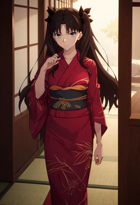 best quality, masterpiece, highres, solo, (tohsaka_rin_fatestaynightufotable:1.10), (yukata:1.30), (kimono:1.15), anime_style, 33 <lora:tohsaka_rin_fatestaynightufotable:0.80>