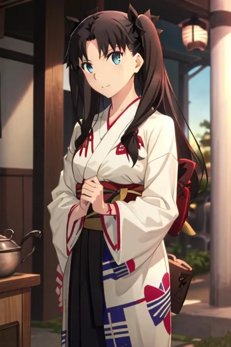 best quality, masterpiece, highres, solo, {yukata:1.40}, {kimono:1.20}, {tohsaka_rin_fatestaynightufotable:1.15}, long_hair, black_hair, ribbon, two_side_up, hair_ribbon, blue_eyes, brown_hair