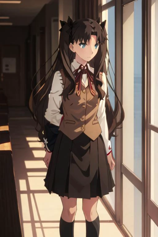 best quality, masterpiece, highres, solo, {tohsaka_rin_fatestaynightufotable:1.15}, long_hair, black_hair, ribbon, two_side_up, hair_ribbon, blue_eyes, brown_hair, 1girl, homurahara_academy_school_uniform, looking_at_viewer, school_uniform