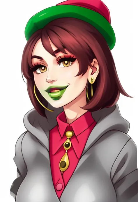 a cartoon image of a woman with a green hat and green lipstick