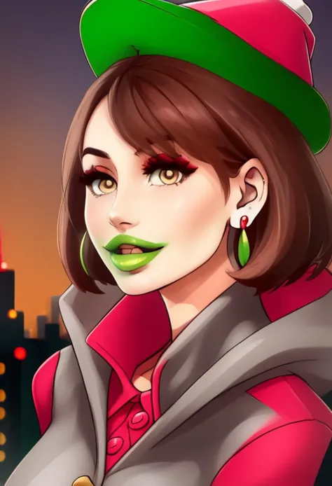 a woman with green lipstick and a green hat in front of a city