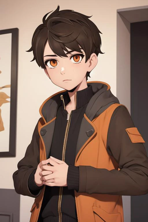 masterpiece, best quality, high quality, 1boy, solo, male focus, looking at viewer, upper body, <lora:bam_kami_no_tou:0.54>, bam_kami_no_tou, brown hair, orange eyes, , coat