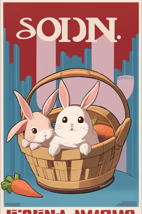 cccpposter, soviet poster, of a cute rabbit is flopping in a basket full of carrots. the rabbit is very happy. <lora:cccpPosterStyle_v10:1>