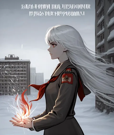 anime girl with long white hair holding a fire in her hand