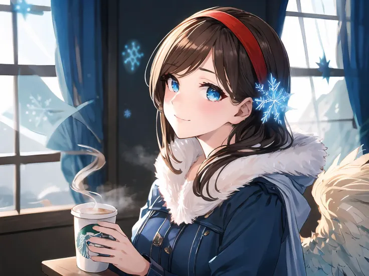 masterpiece,best quality,highres,cinematic lighting,dramatic angle,1girl,brown hair,hairband,blue dress,fur trim,looking at viewer,<lora:ShadowverseSnowWhiteV1-000021:0.8:lbw=1,0.8,0.2,0.2,1,1,0.8,1,1,1,1,1,1,1,1,1,1>,hair ornament,long hair,snowflake,head...