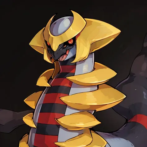 a close up of a yellow and black pokemon character with a red and black stripe