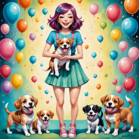 a woman holding a puppy and three puppies in front of balloons