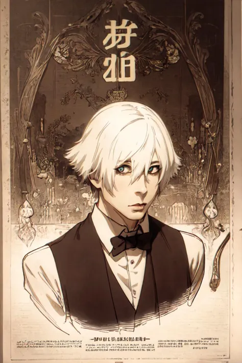 a poster of a man with white hair and a bow tie