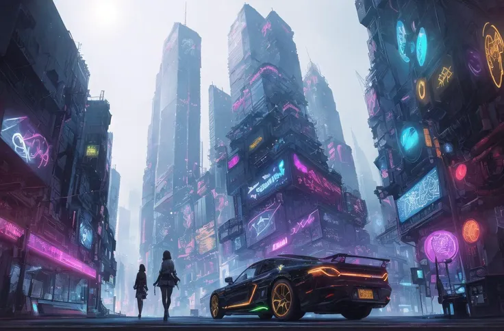 a woman walking down a street in a futuristic city