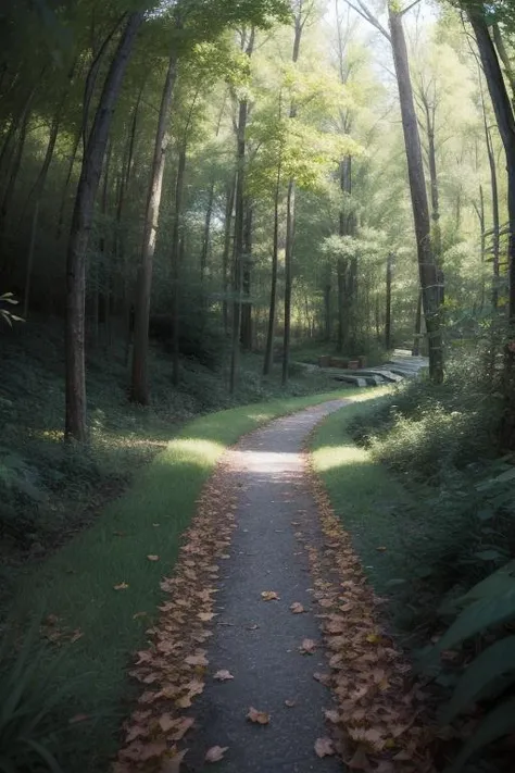 arafed path in the woods with leaves on the ground