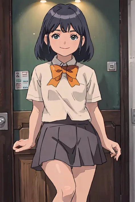 anime girl in a school uniform standing in front of a door