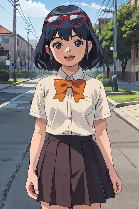 anime girl in a school uniform and glasses standing on a street