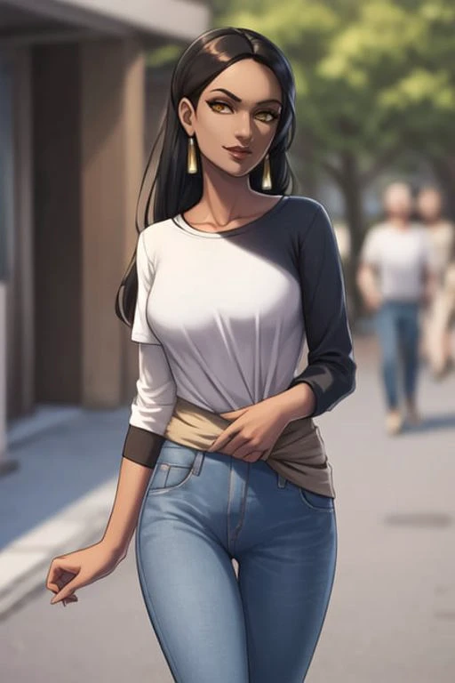 portrait, waist up, symmetra, walking, casual clothes, shirt, jeans, city street, sunlight, <lora:symmetraoverwatchlora_v1:0.7>,...