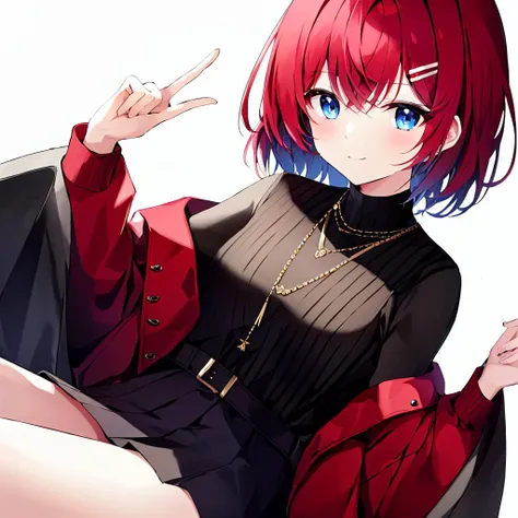 ange katrina,solo,1girl,<lora:ange katrina:0.8>,1girl, ange katrina, solo, virtual youtuber, blue eyes, red hair, skirt, red jacket, smile, black skirt, white background, shirt, white shirt, jacket, short hair, sitting, simple background, pleated skirt, ha...