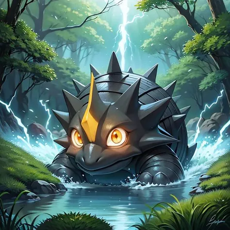 a cartoon dragon with glowing eyes is in the water