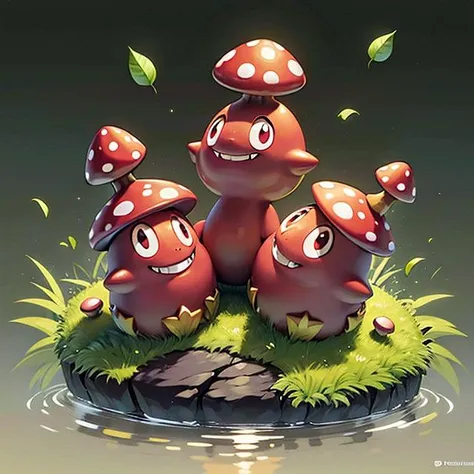 a group of mushrooms sitting on top of a lush green field