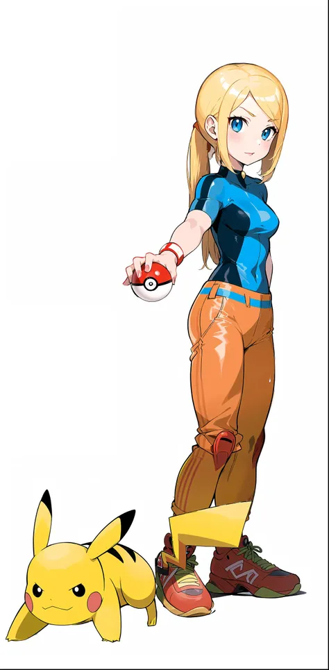 sugimori ken (style), 1girl, (pikachu:1), pokemon, pokemon (game), pokemon (creature), ponytail, hair tie, blonde hair, samus aran, face, poke ball, holding poke ball, shoes red, trainer,  <lora:pokemon_v3_offset:1>