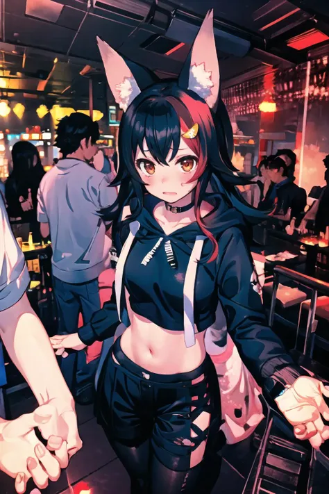 anime - style image of a woman in a cat ears outfit walking in a bar