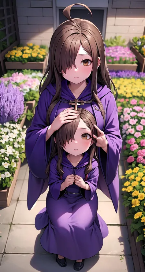 anime girl in purple kimono with a little girl in purple