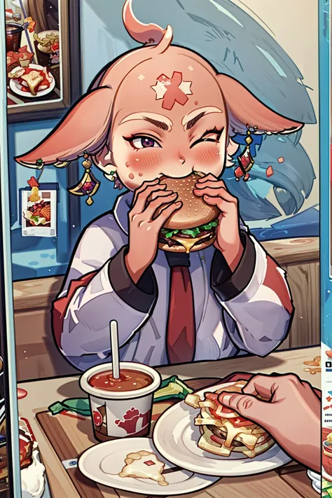 (masterpiece, high quality, extremely detailed, high resolution:1.1), <lora:YaeMikoFox:1>, YaeMikoFox eating  two-handed burger, extremely big burger,  <lora:borger-nvwls-v4:1>, restaurant, messy, ketchup on face, one eye closed, tilted head, annoyed,