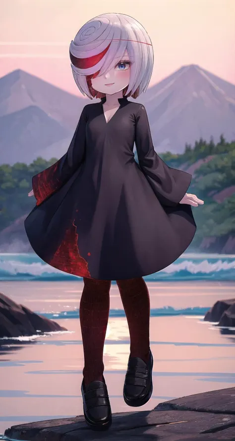 anime girl standing on a rock by the water with mountains in the background